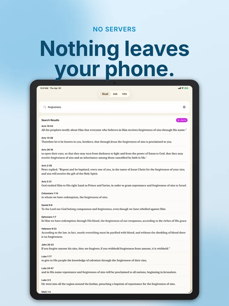 Local Bible AI iPad screenshot showing study sources