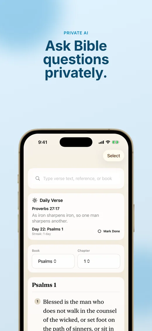 Local Bible AI iPhone screen showing Bible reading and Ask Bible AI positioning